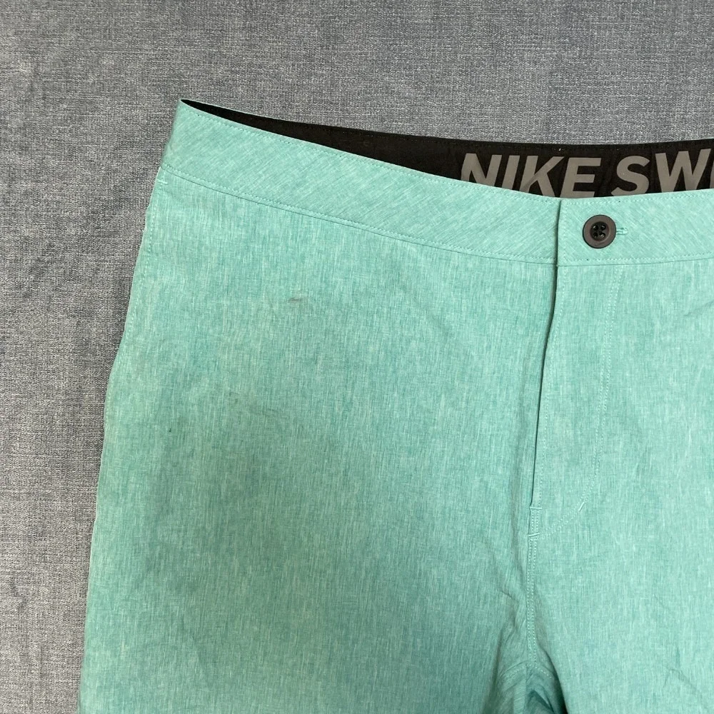 Nike Swim Board Shorts 38 Aqua Green Swoosh Logo Flat Front Slash Pockets Summer